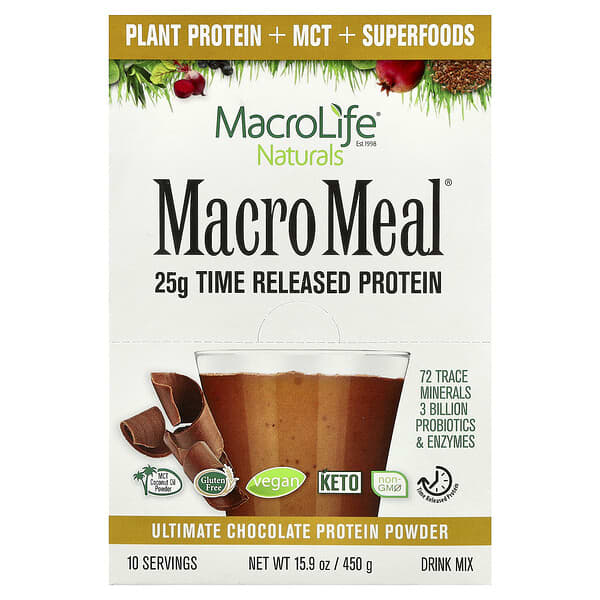 Macrolife Naturals, Macro Meal®, Ultimate Protein Powder, Chocolate, 10 Packets, 1.6 oz (45 g) Each