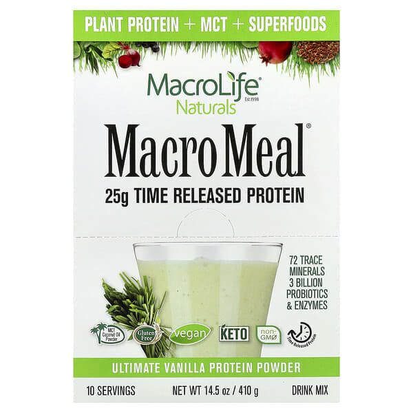 Macrolife Naturals, Macro Meal®, Ultimate Protein Powder, Vanilla, 10 Packets, 1.4 oz (41 g) Each