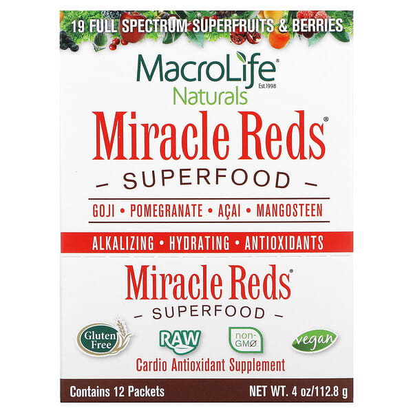 Macrolife Naturals, Miracle Reds®, Superfood, Goji, Pomegranate, Acai, Mangosteen, 12 Packets, 0.3 oz (9.5 g) Each