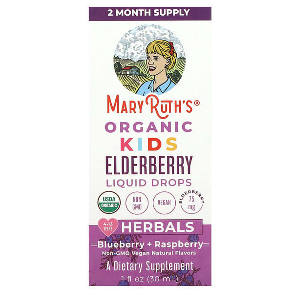 MaryRuth's, Organic Kids Elderberry Liquid Drops, 4-13 Years, Blueberry + Raspberry, 75 mg, 1 fl oz (30 ml)