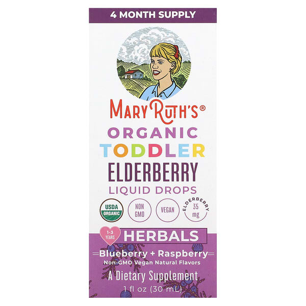 MaryRuth's, Organic Toddler Elderberry Liquid Drops, Blueberry + Raspberry, 35 mg, 1 fl oz (30 ml)