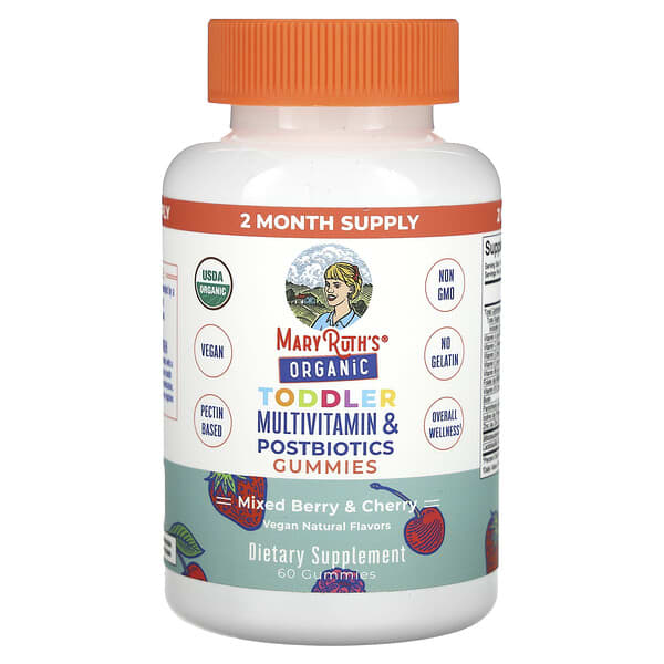 MaryRuth's, Organic Toddler Multivitamin & Postbiotics Gummies, Mixed Berry & Cherry, 60 Gummies