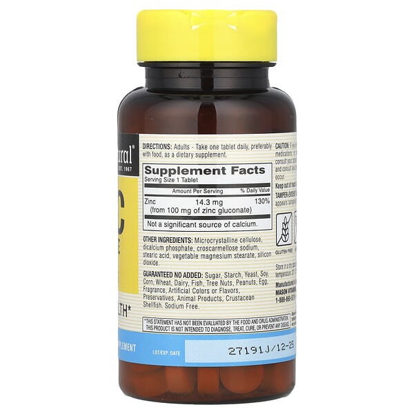 Alternative view of Mason Natural, Chelated Zinc Gluconate , 100 mg, 100 Tablets