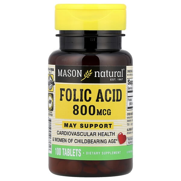 Mason Natural, Folic Acid, 800 mcg, 100 Tablets