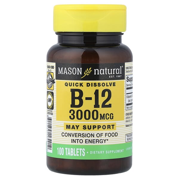 Mason Natural, Quick Dissolve, Vitamin B-12, 3,000 mcg, 100 Tablets