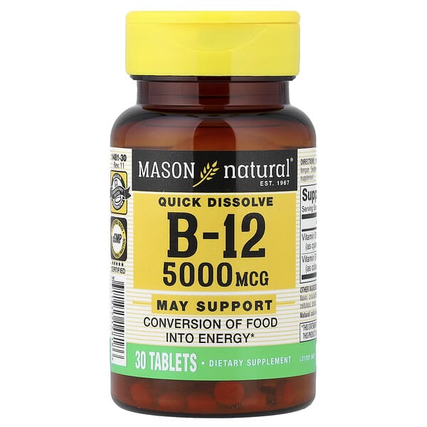 Mason Natural, Quick Dissolve, Vitamin B-12, 5,000 mcg, 30 Tablets