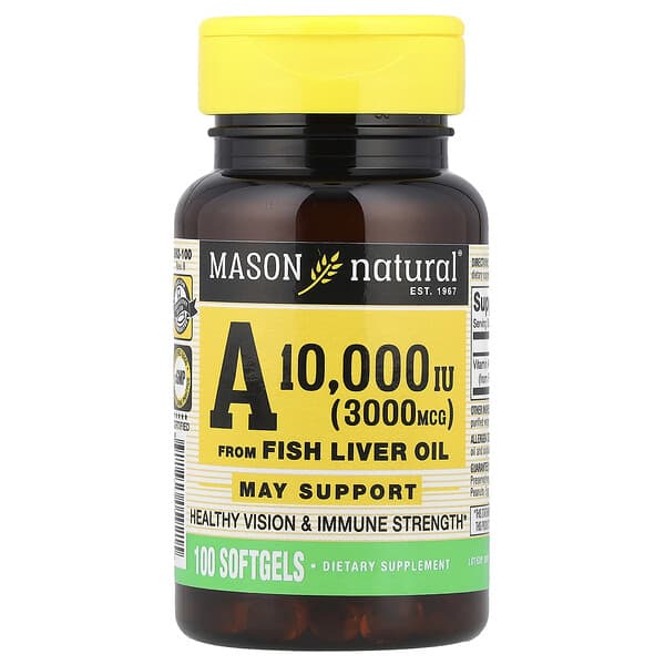 Mason Natural, Vitamin A from Fish Liver Oil, 3,000 mcg (10,000 IU), 100 Softgels