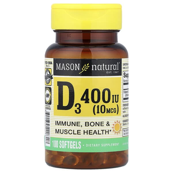 Mason Natural, Vitamin D3, 10 mcg (400 IU), 100 Softgels