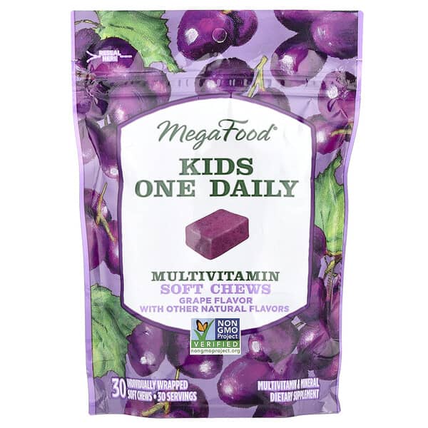 MegaFood, Kids One Daily, Multivitamin Soft Chews, Grape, 30 Individually Wrapped Soft Chews