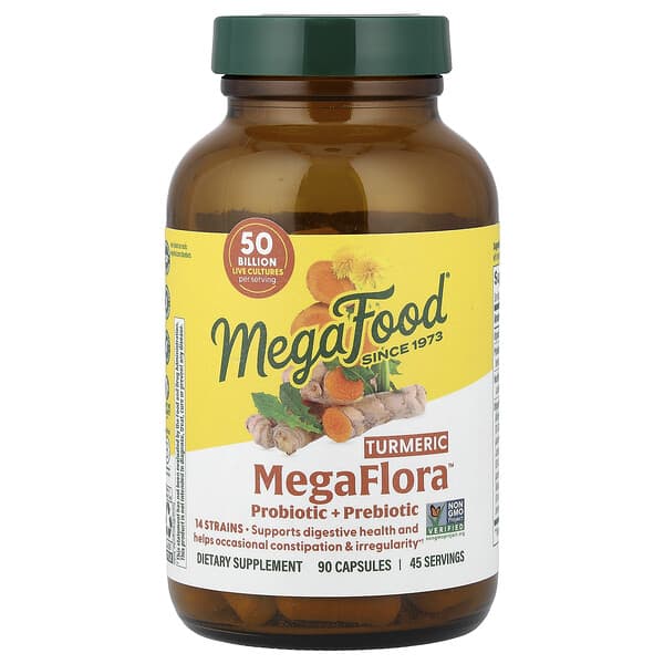 MegaFood, MegaFlora™, Probiotic + Prebiotic with Turmeric, 90 Capsules