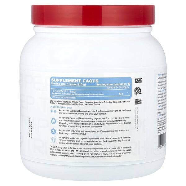 Alternative view of Metabolic Nutrition, Tri-Pep®, Branch Chain Amino Acid, Blue Raspberry, 14.1 oz (400 g)