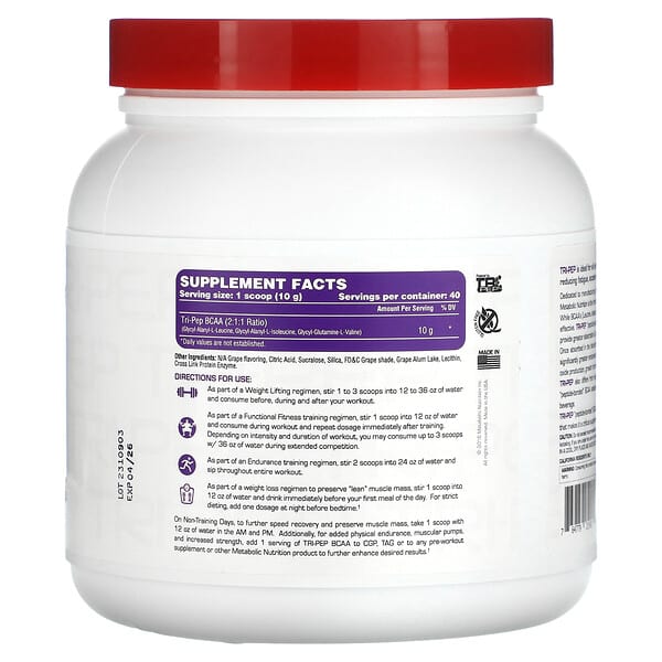 Alternative view of Metabolic Nutrition, Tri-Pep, Branch Chain Amino Acid, Grape, 14.1 oz, (400 g)