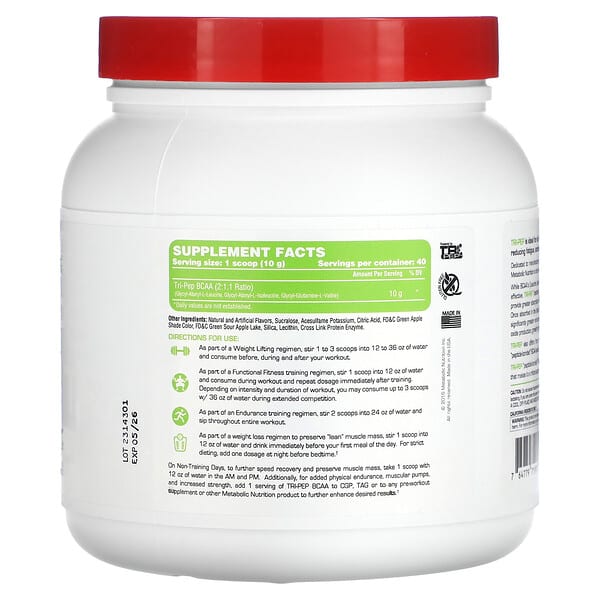 Alternative view of Metabolic Nutrition, Tri-Pep, Branch Chain Amino Acid, Green Apple, 14.1 oz (400 g)