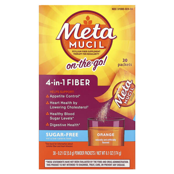 Metamucil, On-The-Go, 4-in-1 Fiber, Orange, Sugar Free, 30 Powder Packets, 0.21 oz (5.8 g) Each