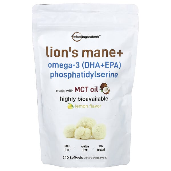 Micro Ingredients, Lion's Mane + Omega-3 (DHA+EPA) Phosphatidylserine, Lemon, 240 Softgels