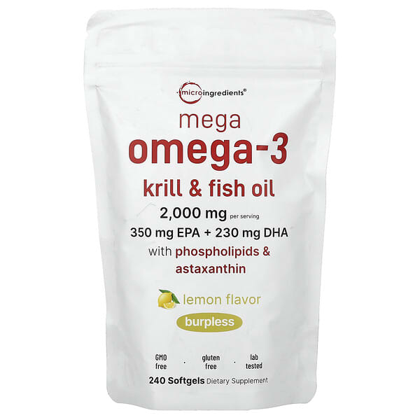 Micro Ingredients, Mega Omega-3 Krill & Fish Oil With Phospholipids & Astaxanthin, Lemon, 240 Softgels