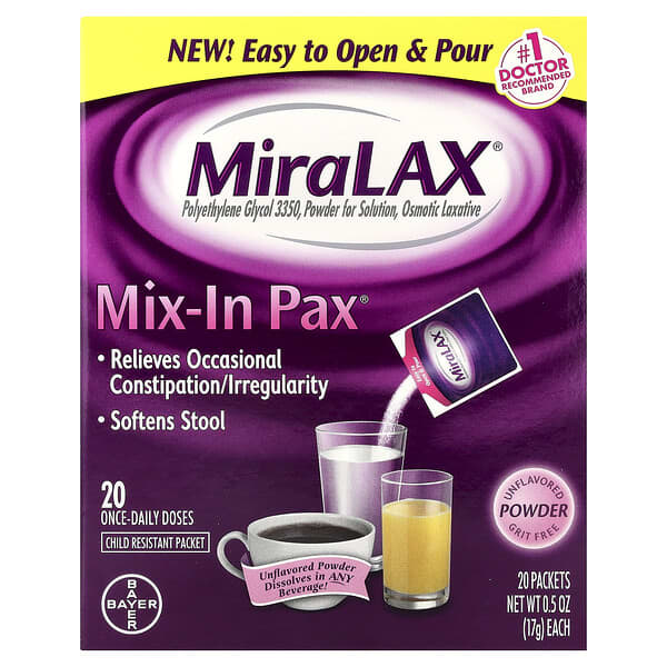 MiraLAX, Mix-In Pax®, Grit Free, Unflavored, 20 Packets 0.5 oz (17 g) Each 4 MiraLAX, Mix-In Pax®, Grit Free, Unflavored, 20 Packets 0.5 oz (17 g) Each
