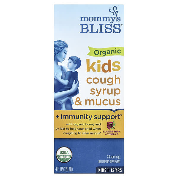 Mommy's Bliss, Organic Kids Cough Syrup & Mucus + Immunity Support, 1-12 Yrs, Elderberry, 4 fl oz (120 ml)