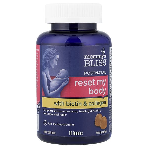 Mommy's Bliss, Postnatal, Reset My Body with Biotin & Collagen Gummies, Natural Lemon, 60 Gummies