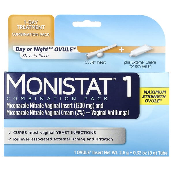 Monistat, 1-Day Treatment Combination Pack, Day or Night™ Ovule®, 1 Ovule® Insert, 2.6 g + 0.32 oz (9 g) Tube