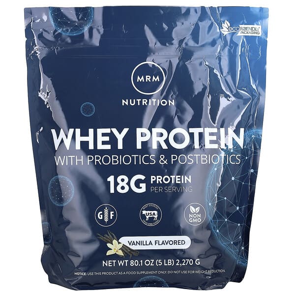MRM Nutrition, Whey Protein with Probiotics & Postbiotics, Vanilla, 5 lb (2,270 g)