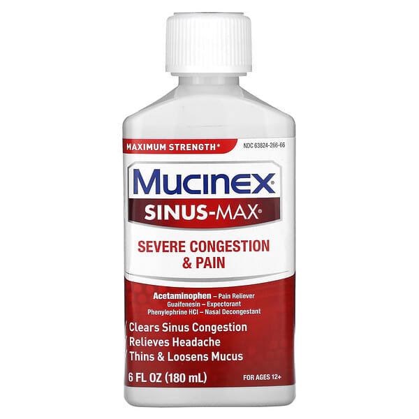 Mucinex, Sinus-Max, Severe Congestion & Pain, For Ages 12+, 6 fl oz (180 ml)
