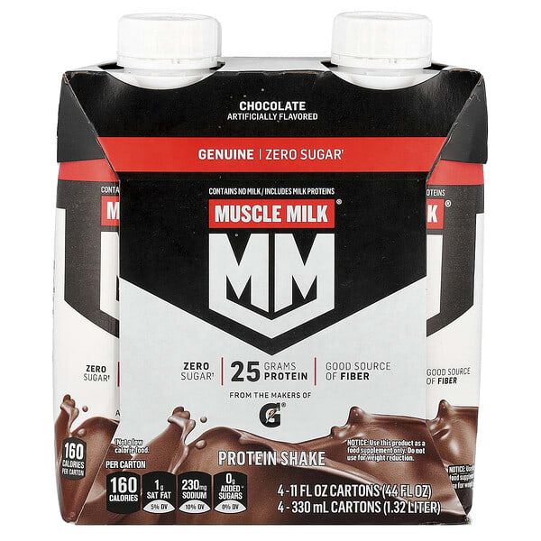 Muscle Milk, Genuine, Protein Shake, Chocolate, 4 Cartons, 11 fl oz (330 ml) Each