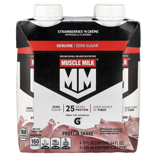 Muscle Milk, Genuine, Protein Shake, Strawberry 'n Creme, 4 Cartons, 11 fl oz (330 ml) Each