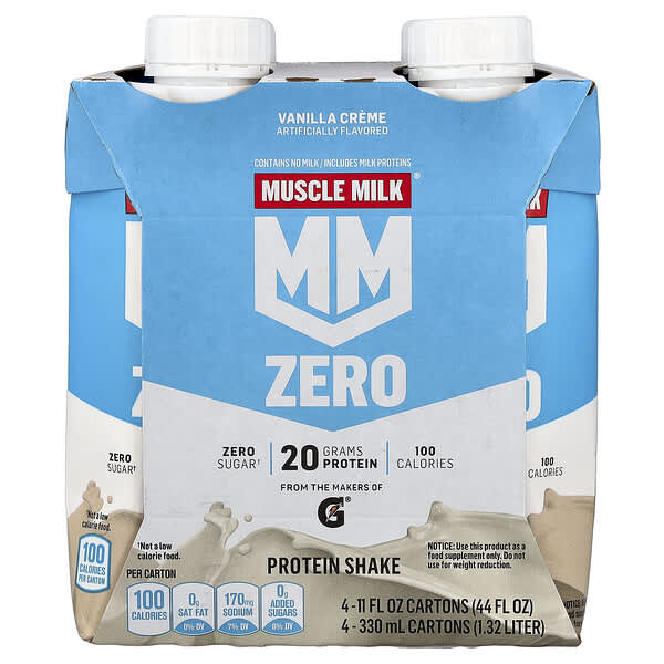 Muscle Milk, Zero, Protein Shake, Vanilla Crème, 4 Cartons, 11 fl oz (330 ml) Each