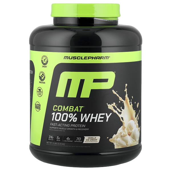 MusclePharm, Combat® 100% Whey Protein Powder, Vanilla Ice Cream, 5 lbs (2.24 kg)