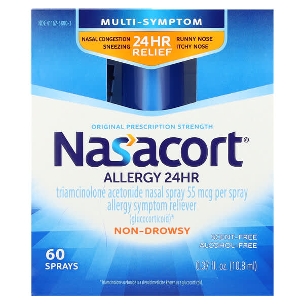 Nasacort, Multi-Symptom Allergy 24 HR, Alcohol Free, Scent-Free, 55 mcg, 60 Sprays , 0.37 fl oz (10.8 ml)