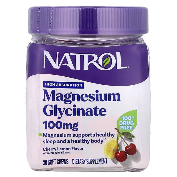 Natrol, Magnesium Glycinate, High Absorption, Cherry Lemon, 100 mg, 30 Soft Chews