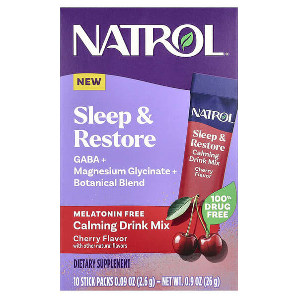 Natrol, Sleep & Restore, Calming Drink Mix, Melatonin Free, Cherry, 10 Stick Packs, 0.09 oz (2.6 g) Each