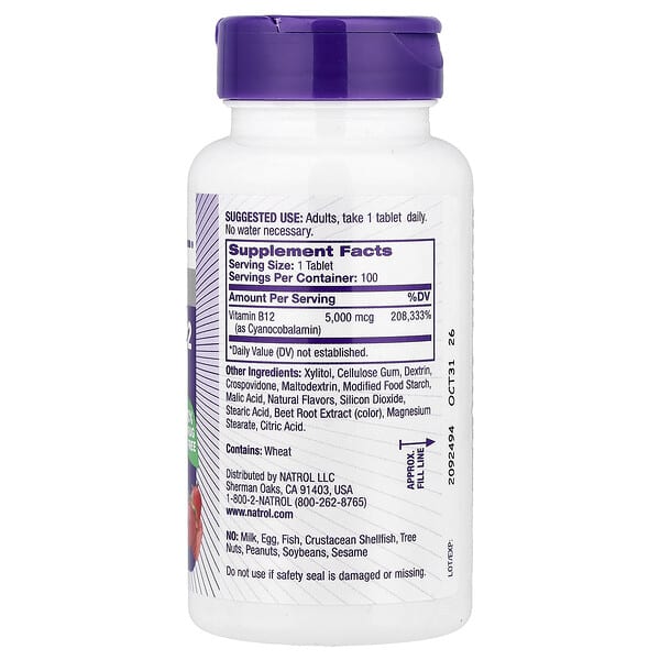 Alternative view of Natrol, Vitamin B-12, Fast Dissolve, Strawberry, 5,000 mcg, 100 Tablets