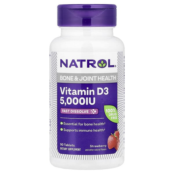 Natrol, Vitamin D3, Strawberry, 5,000 IU, 90 Tablets