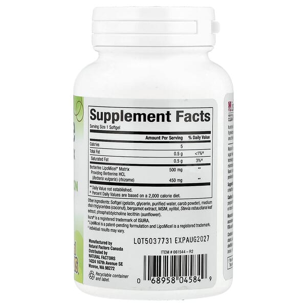 Alternative view of Natural Factors, Berberine LipoMicel Matrix, 60 Liquid Softgels