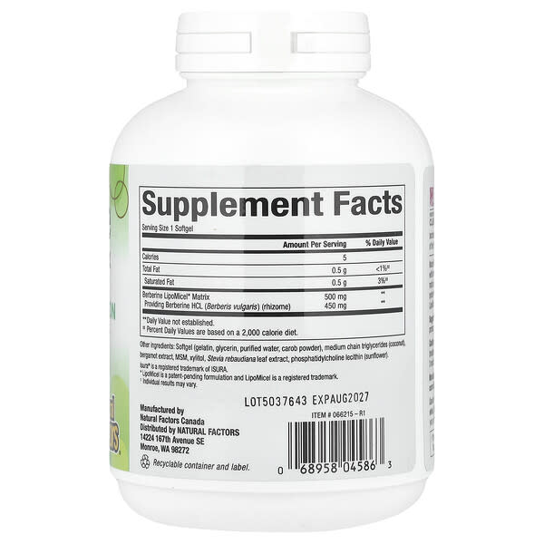 Alternative view of Natural Factors, Berberine LipoMicel Matrix, 90 Liquid Softgels
