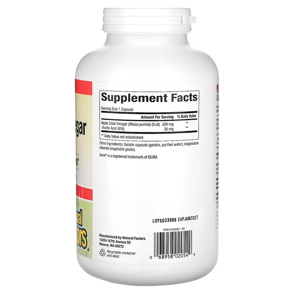 Alternative view of Natural Factors, Fermented Apple Cider Vinegar, 500 mg, 360 Easy-to -Swallow Capsules