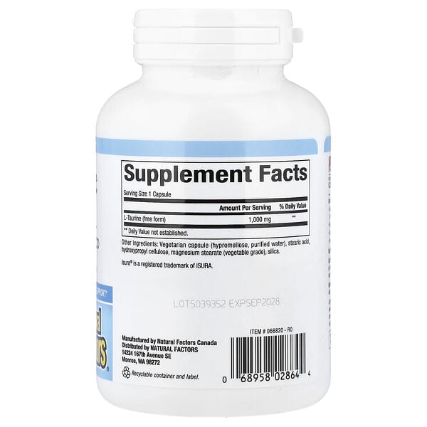 Alternative view of Natural Factors, L-Taurine , 1,000 mg, 100 Vegetarian Capsules