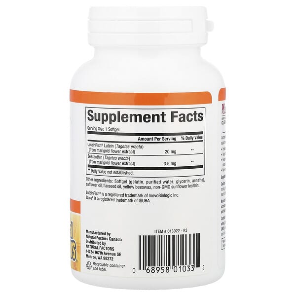 Alternative view of Natural Factors, Lutein With Zeaxanthin, 120 Softgels