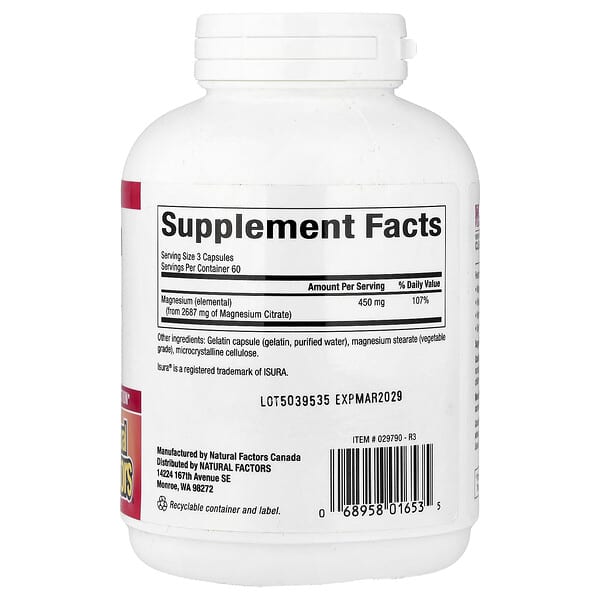 Alternative view of Natural Factors, Magnesium Citrate, 180 Capsules (150 mg per Capsule)