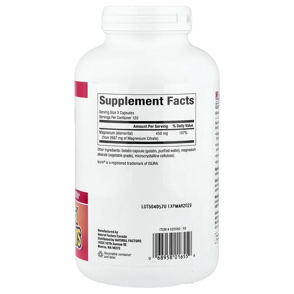 Alternative view of Natural Factors, Magnesium Citrate, 360 Capsules (150 mg per Capsule)