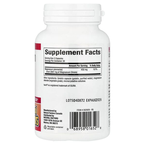 Alternative view of Natural Factors, Magnesium Citrate, 90 Capsules (150 mg per Capsule)