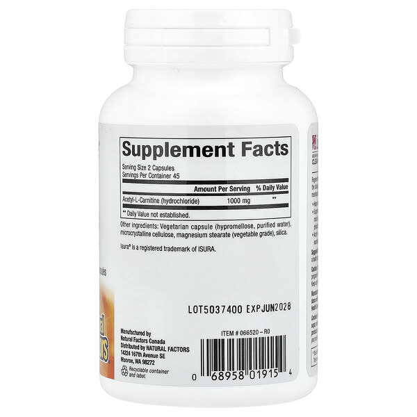 Alternative view of Natural Factors, RegenerLife®, Acetyl-LCarnitine, 90 Vegetarian Capsules (500 mg per Capsule)