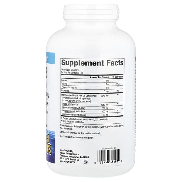 Alternative view of Natural Factors, Rx Omega-3, 240 Softgels (630 mg per Softgel)