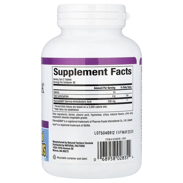 Alternative view of Natural Factors, Stress-Relax®, PharmaGABA®, 60 Chewable Tablets (100 mg per Tablet)