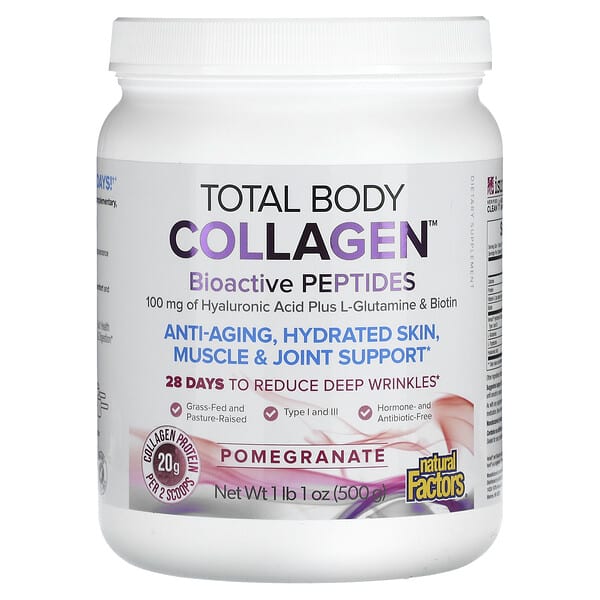 Natural Factors, Total Body Collagen, Bioactive Peptides, Pomegranate, 1 lb 1 oz (500 g)