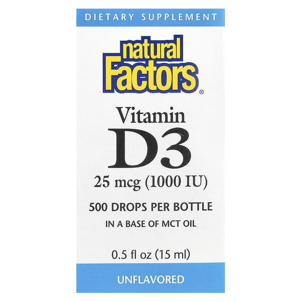 Natural Factors, Vitamin D3 Drops, Unflavored, 25 mcg (1,000 IU), 0.5 fl oz (15 ml)