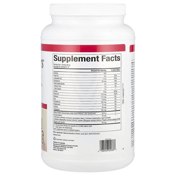 Alternative view of Natural Factors, Whey Factors®, Grass Fed Whey Protein, Strawberry, 2 lb (907 g)