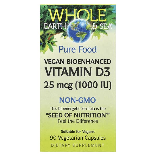 Natural Factors, Whole Earth & Sea, Vegan Bioenhanced Vitamin D3, 25 mcg (1,000 IU), 90 Vegetarian Capsules